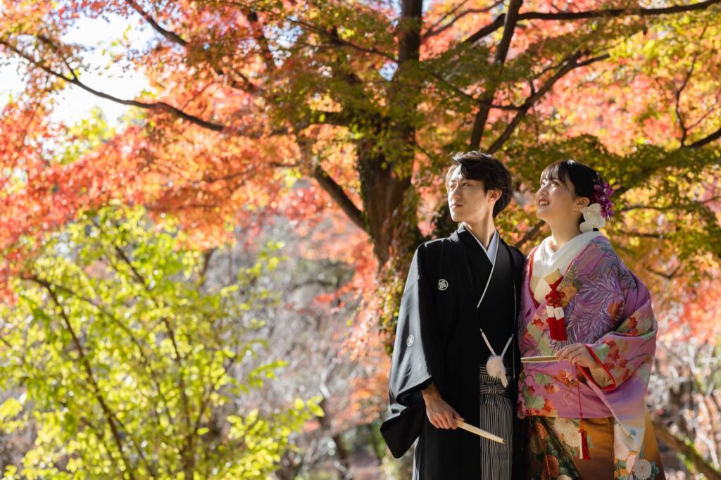 京都府立植物園で色打掛と紋付袴の和装の前撮り（紅葉の中で）