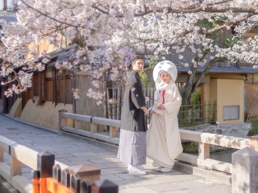 祇園白川で和装の前撮り(桜の咲く川沿いの道)