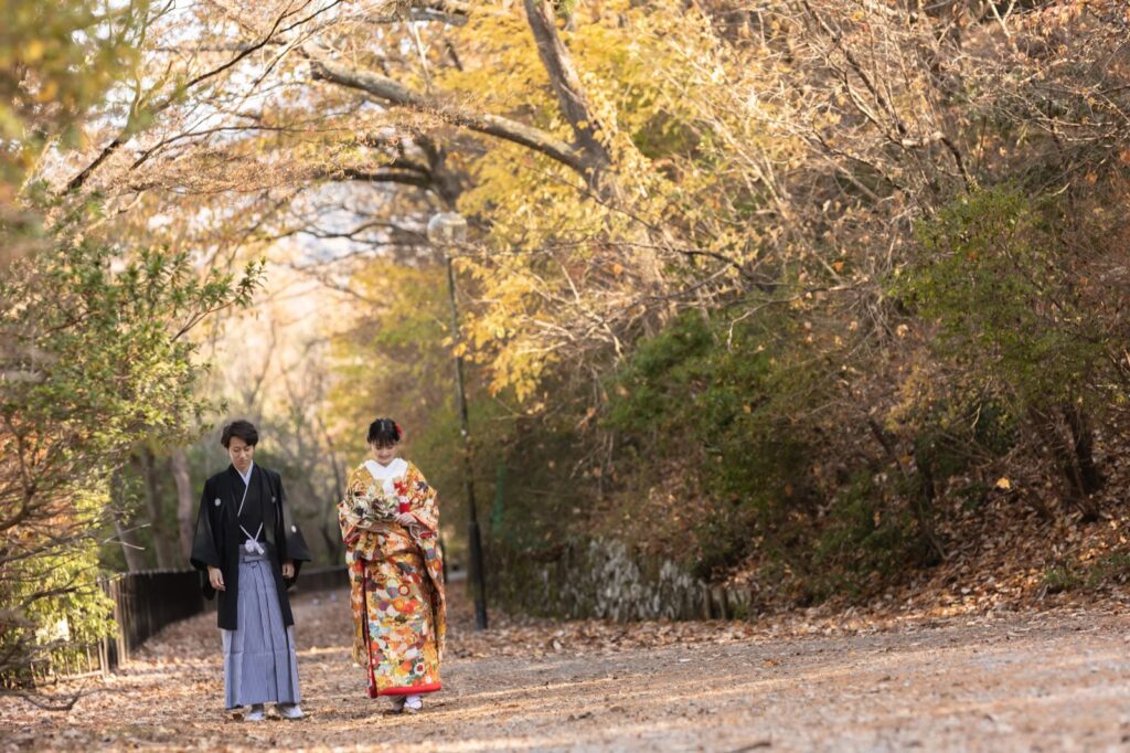 宝ヶ池で色打掛と紋付袴の和装の前撮り(色づいた木々の小道)