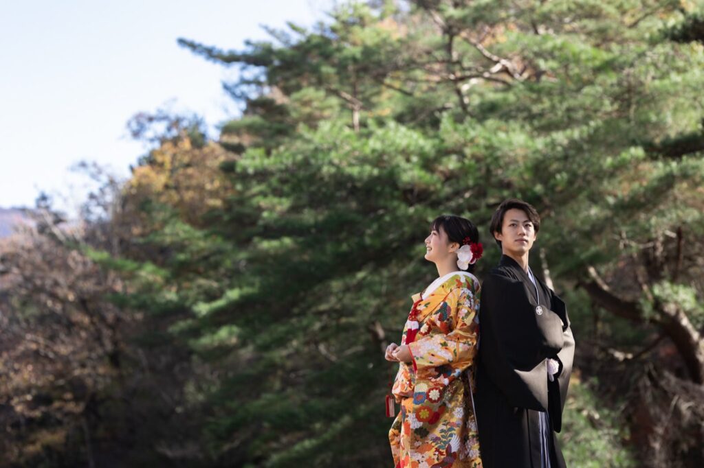 宝ヶ池で色打掛と紋付袴の和装の前撮り(松の木の下で)