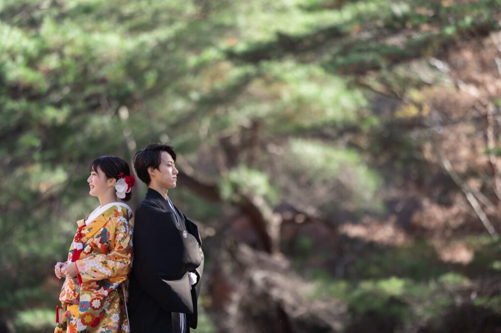 宝ヶ池で色打掛と紋付袴の和装の前撮り(松の木の下で)